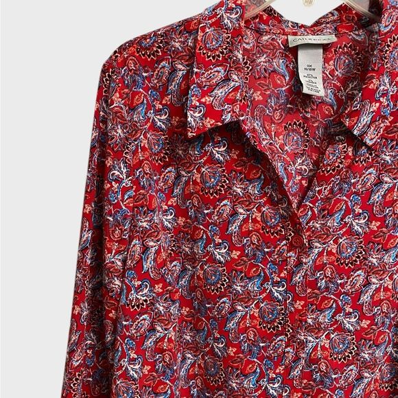 Catherines Button Up Floral Top Women's Size 0X 3/4 Sleeve Red Artsy Boho Office - Picture 4 of 13